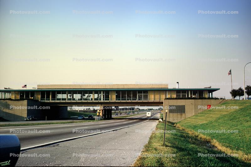Highway oasis, building, toll road, roadway, Expressway, August 1967, 1960s