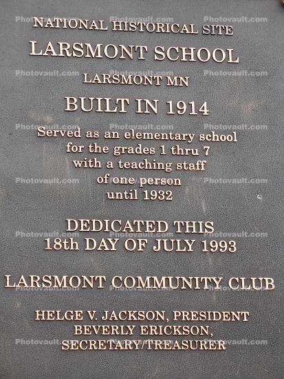 Bronze Plaque, Larsmont School, built in 1914, Swedish, Finnish, Swede-Finn, north shore of Lake Superior, Elementary School, National Historical Site, One Room Schoolhouse