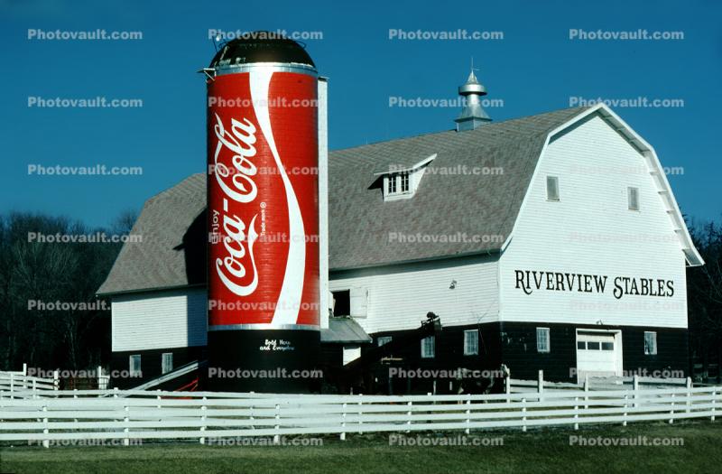 Riverview Stables, Giant Coca-Cola Can Silo, white barn, fence