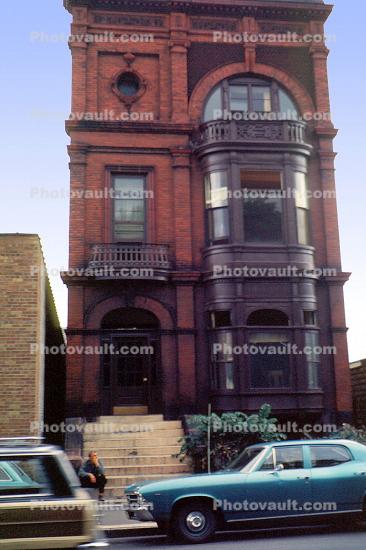 Red Brick building, home, house, stairs, cars, 1969, 1960s