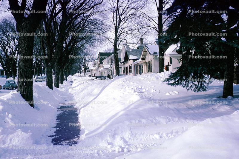 Sidewalk, Snow, suburbia, homes, houses, winter, July 1965
