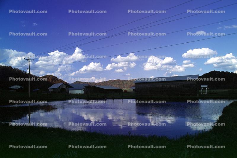 barn, outdoors, outside, exterior, rural, building, pond, reflection