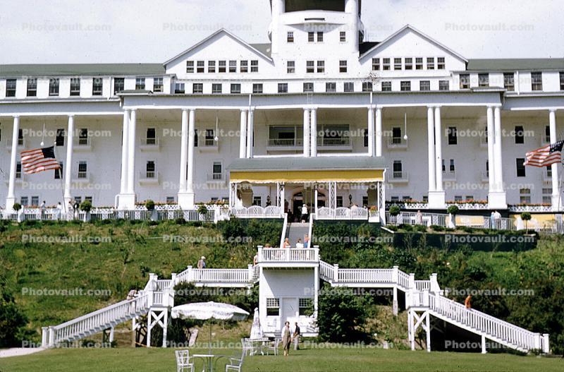 Long Stairs, Lazy Summer Day, Columns, Porch, Building, Hotel, Mackinac Island, 1950s