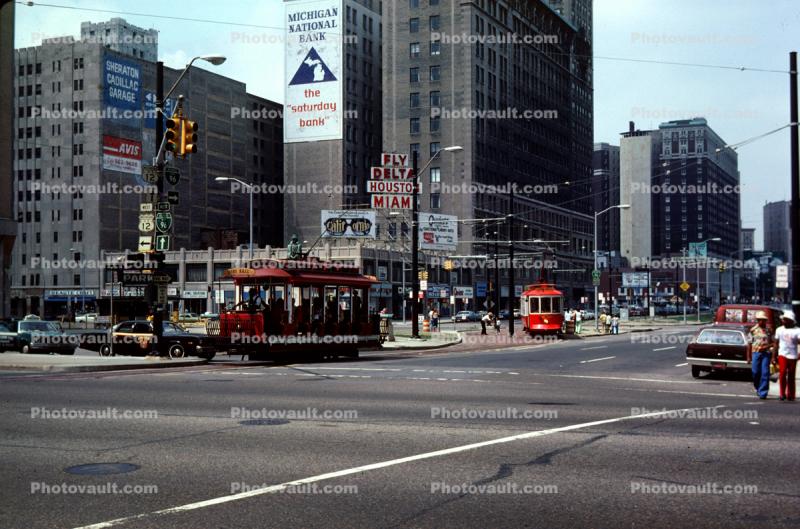Downtown Detroit, Trolley, street car, Building, streetcar, August 1977