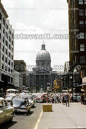 State Capitol Building, downtown, cars, buses, automobile, vehicles, Greyhound Bus Station, Indianapolis, 1950s
