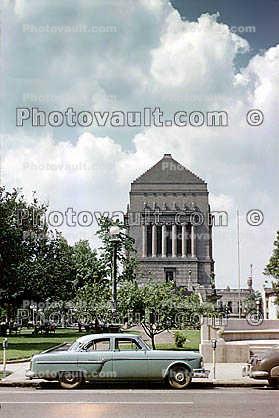Indiana World War Memorial Plaza, monument, building, cenotaph, Indianapolis, Cars, automobile, vehicles, 1950s