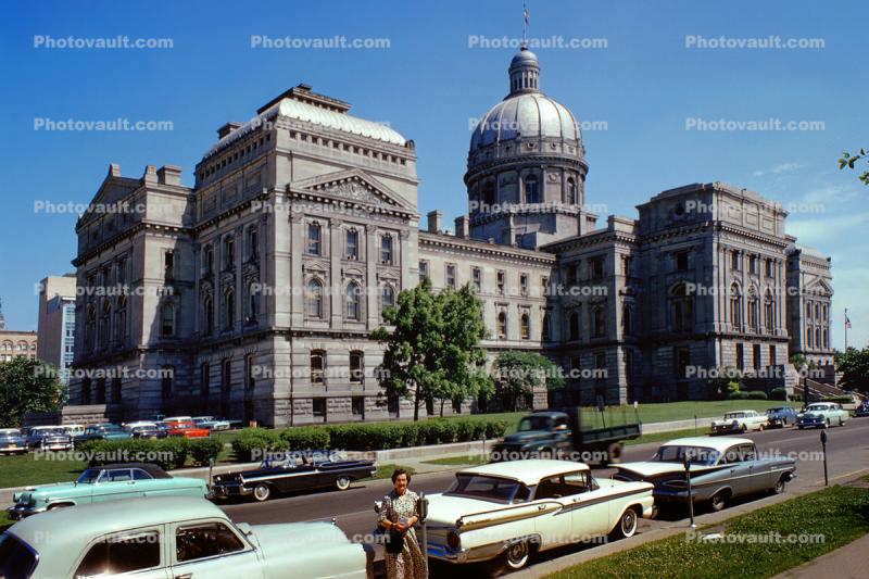 Indiana State Capitol Building, Woman, Cars, 1959, 1950s