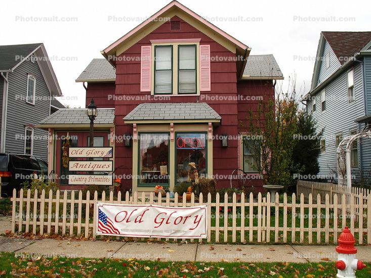 Old Glory Antiques, shop, store, building, picket fence, Vermilion