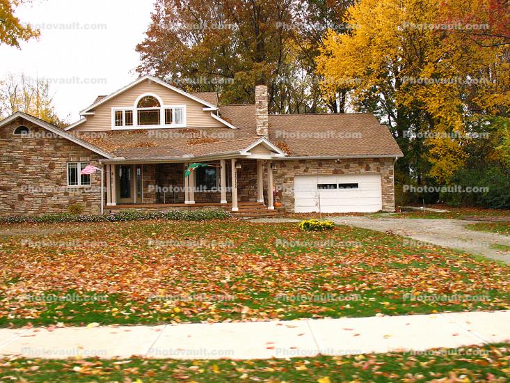 Leaves, Garage, Home, House, Driveway, Sidewalk, autumn