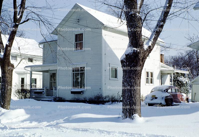 Bare Trees, Homes, Houses, Snow, Cold, Ice, Car, Automobile, Vehicle, 1950s