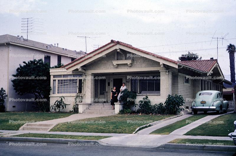 Home, House, Driveway, Car, Automobile, Curb, Sidewalk, Steps, Porch, 1950s