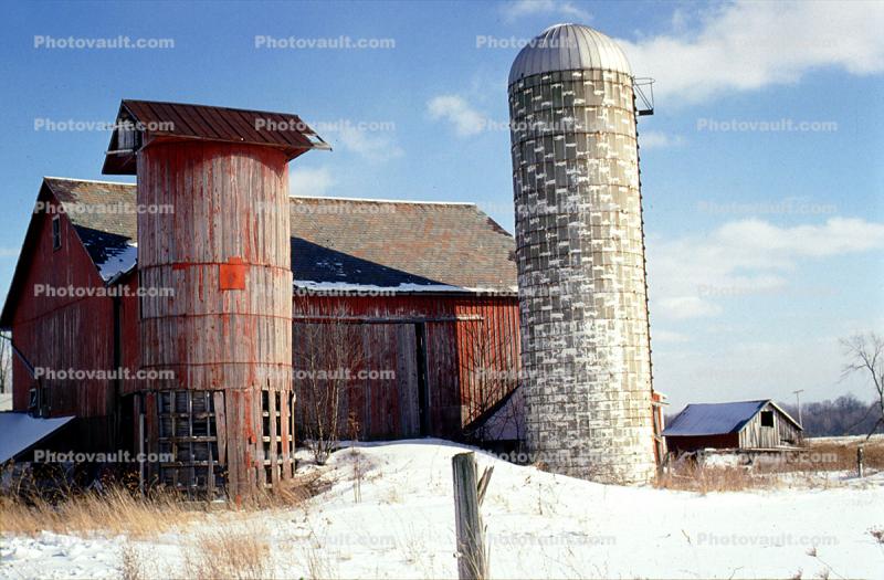 Farm, Silos, Unique Barn Building, Red, Snowy Field