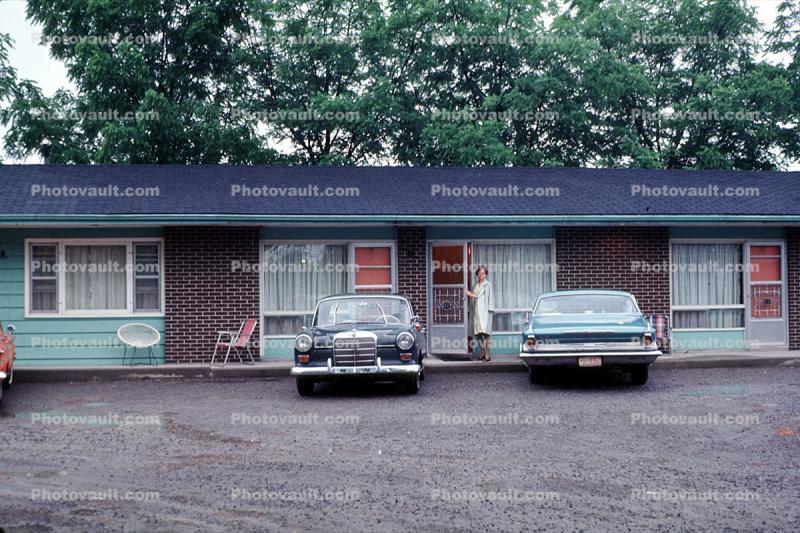 Motel, cars, building, automobile, vehicle, 1960s