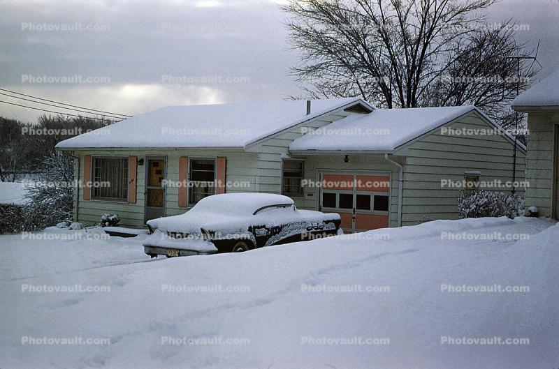 Car in Snow, House, Garage, Cold, Winter, 1950s