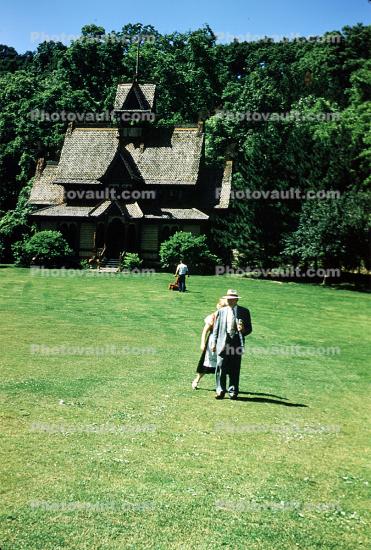 The Norway Building, building, lawn, trees, Little Norway, July 7 1954, 1950s, Reverend J.H. Lookabill