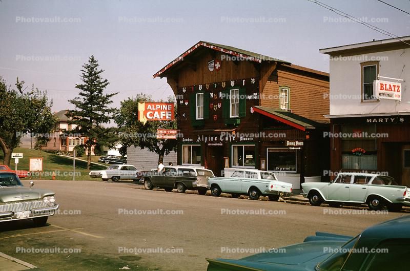 Alpine Cafe, cars, buildings, New Glarus, 1950s