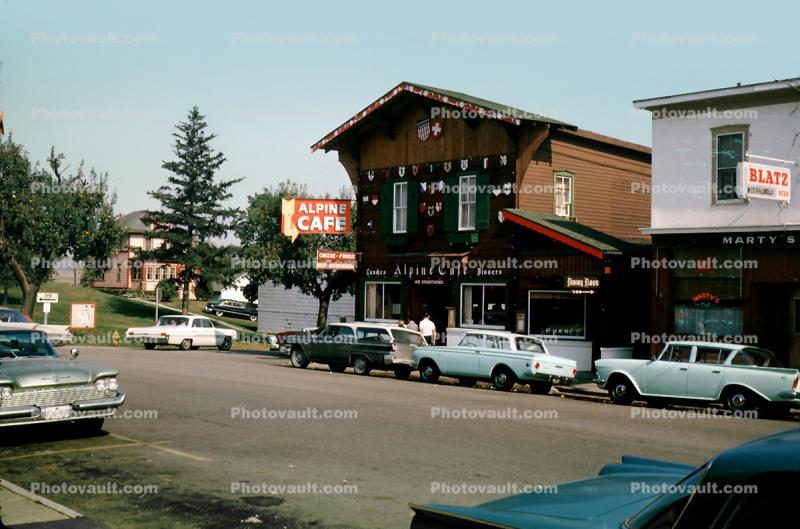 Alpine Cafe, cars, buildings, New Glarus, 1950s