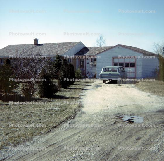 Home, house, car, garage, dirt driveway, rural, 1960s