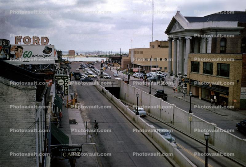 Mobile Alabama, Bankhead Tunnel, Ford Advertising Billboard, buildings, Pocahontas Cafe, 1959, 1950s
