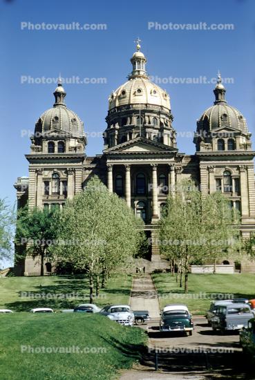 Iowa State Capitol, Gold Dome Building, Cars, Automobiles, Des Moines, 1955, 1950s