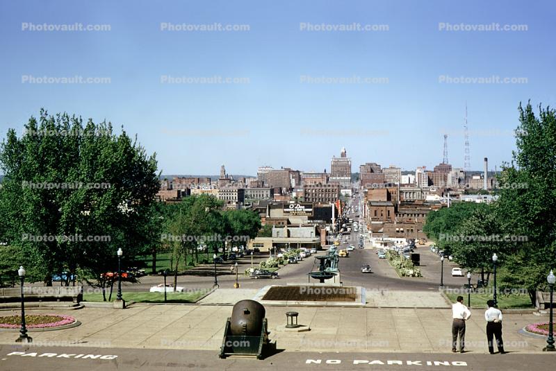 Skyline, buildings, mortar, Cars, automobile, vehicles, street, road, Des Moines, 1955, 1950s