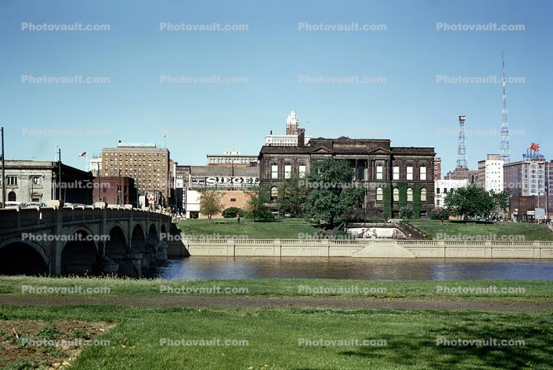 Des Moines skyline, buildings, river, 1955, 1950s