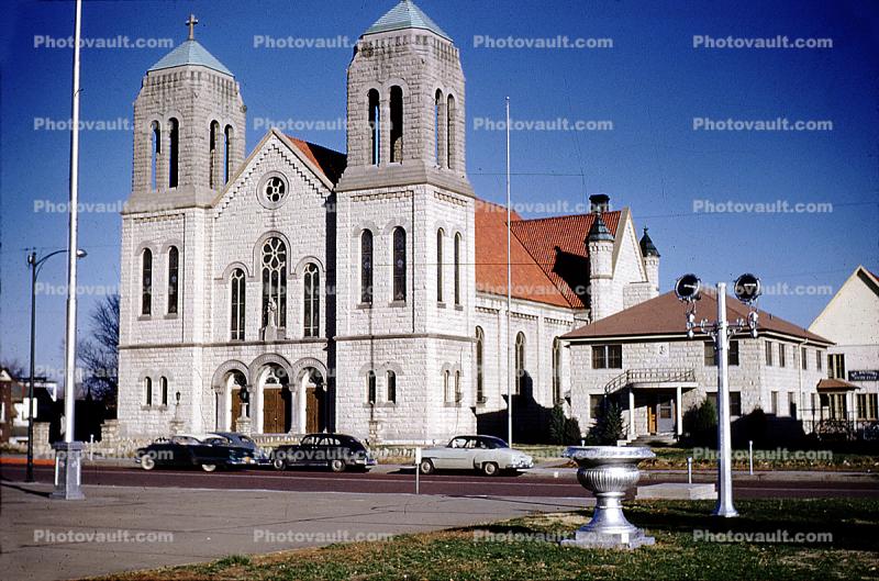 Cars, automobile, vehicles, Church, Saint Anthony Cathedral, building, 1957, 1950s