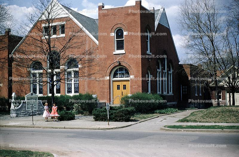 Zion Church, Red Brick Building, girls, April 1958, 1950s