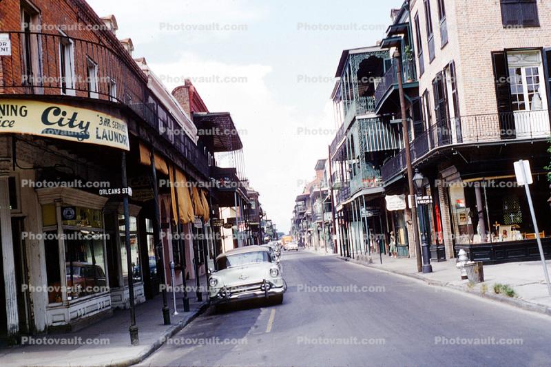 French Quarter, Cadillac, Cars, automobile, vehicles, buildings, street, road, 1950s