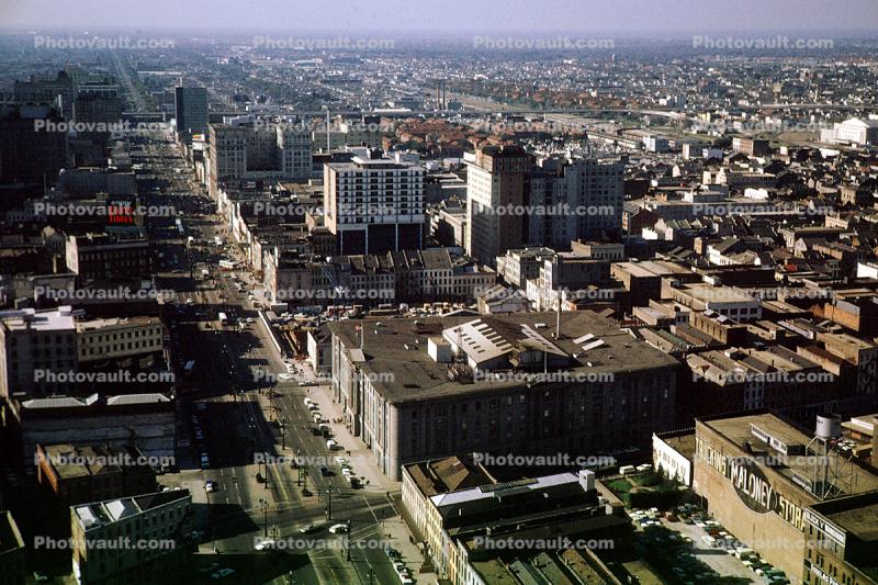 Canal Street, near downtown, buildings, rooftops, 1950s
