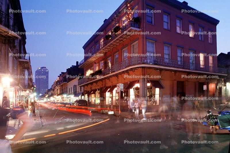 Walking people in the night, Plants, Balcony, Guardrail, Buildings, French Quarter