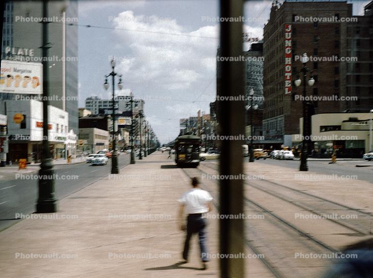 Trolley, Jung Hotel, billboards, Canal Street, 1950s