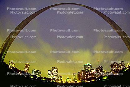 The Gateway Arch, Twilight, Dusk, Dawn, Cityscape, Skyline, Buildings, Skyscraper, Downtown, Outdoors, Outside, Exterior, Night, Nighttime