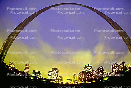The Gateway Arch, Twilight, Dusk, Dawn, Cityscape, Skyline, Buildings, Skyscraper, Downtown, Outdoors, Outside, Exterior, Night, Nighttime
