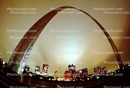The Gateway Arch, Cityscape, Skyline, Buildings, Skyscraper, Downtown, Outdoors, Outside, Exterior, Night, Nighttime