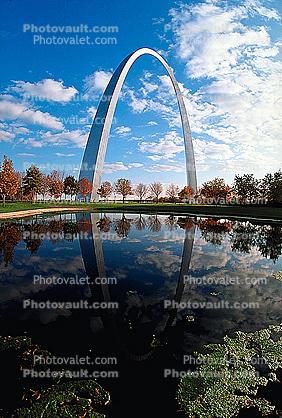The Gateway Arch, reflecting pool, clouds, atumn