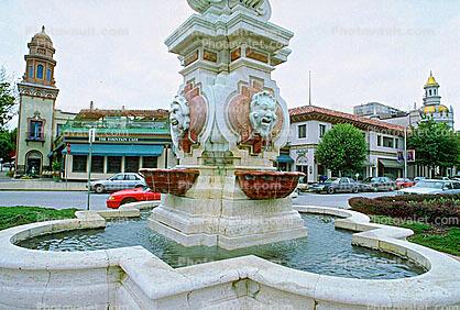 Seville Light Fountain, Face, bowl, pond, Water, Statue, Statuary, Sculpture, Aquatics, buildings, cars