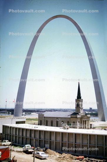 The Gateway Arch, Cars, Church, building, 1972, 1970s