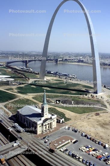 The Gateway Arch, Downtown, buildings, Church, 1981, 1980s