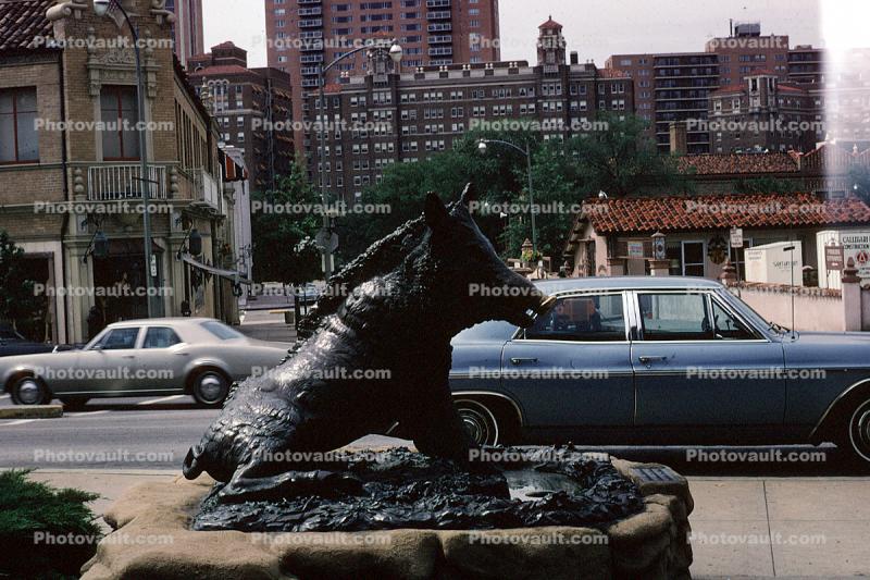 C. Club Plaza, Wild Boar Wishing Fountain, Water, Statue, Statuary, Sculpture, art, artform, buildings, 1967, 1960s
