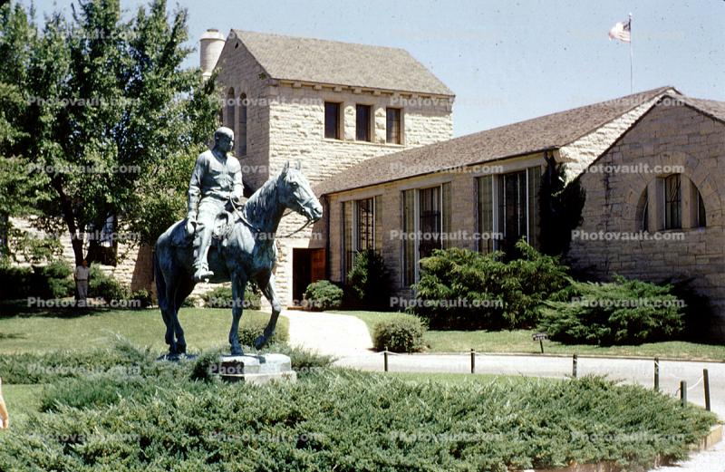 Horse Statue, landmark, Will Rogers Memorial, gardens, building, August 1952, 1950s