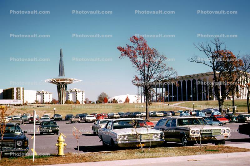 Main campus building, automobile, vehicles, the Learning Resource and Graduate centers, Prayer Tower, cars, Oral Roberts University, June 1972, 1970s