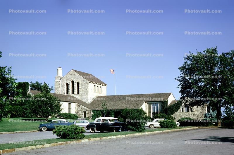 Will Rogers Memorial, building, museum, automobile, vehicles, cars, Claremore, July 1964, 1960s