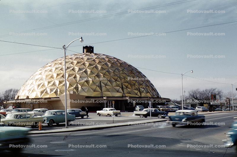 First National Bank Building, Geodesic Dome, cars, 1950s