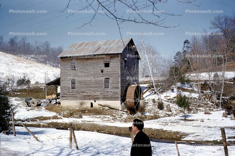 Grinding Mill, Water Wheel, Power, snow, ice, cold, Frozen, Building, waterwheel, December 1958