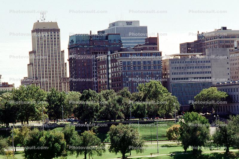 skyline, buildings, trees, park, 22 October 1993