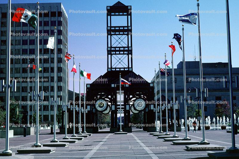 Civic Center Plaza, Trolley Stop, tower, building, Main Street Line (MATA Trolley)