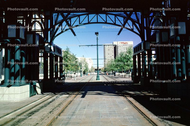Trolley Stop, Main Street Line (MATA Trolley), Civic Center Plaza, tower, building