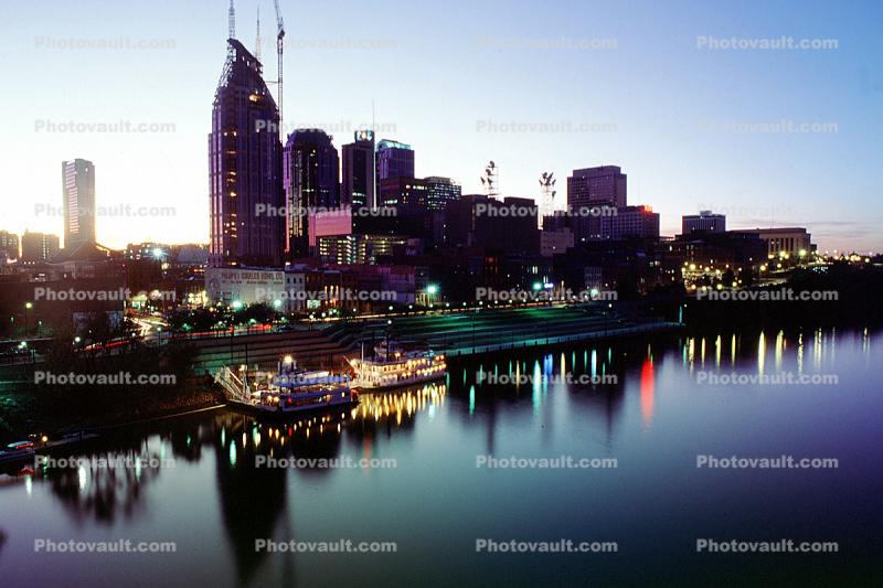 skyline, building, river boat, riverboat, night, Nightime, Exterior, Outdoors, Outside, Nighttime, Twilight, Dusk, Dawn, Cumberland River, 23 October 1993