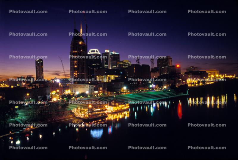 Cumberland River, Twilight, Dusk, Dawn, skyline, building, river boat, riverboat, night, Nightime, Exterior, Outdoors, Outside, Nighttime, 23 October 1993